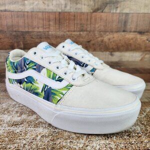 Vans Ward Platform Green Floral Women's Size 9.5 White Canvas Lace-Up Sneakers